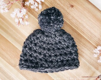 Chunky  Modern Black Unisex Beanie with Pom - Newborn Size