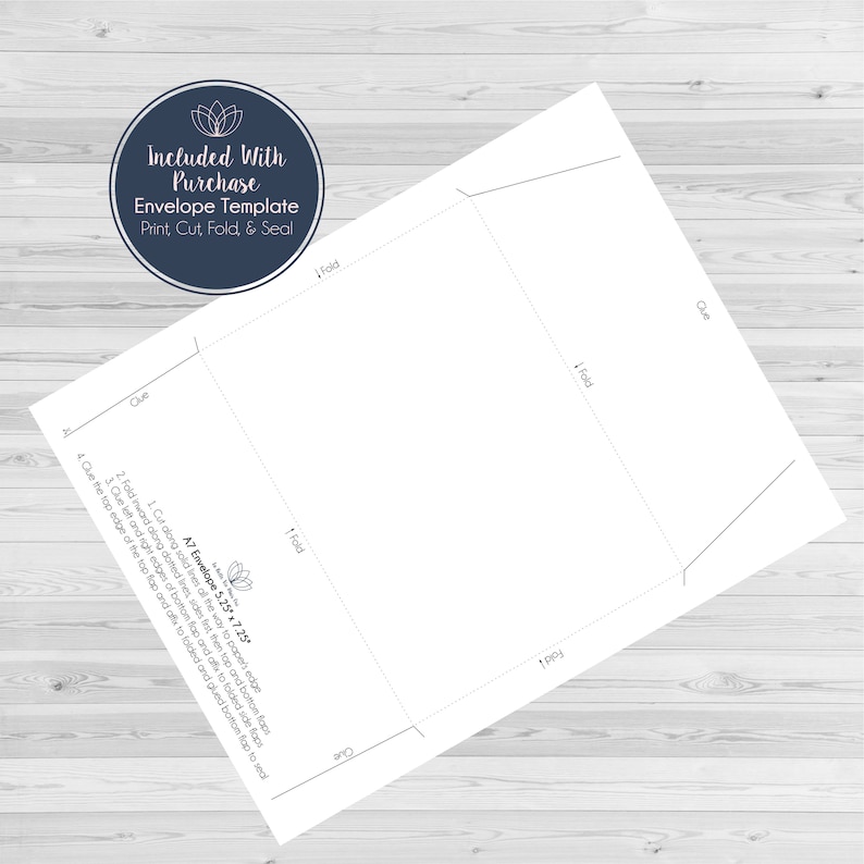 May include: Printable A7 envelope template with fold lines and instructions for cutting, folding, and sealing. The template is 13.3 cm by 18.4 cm.