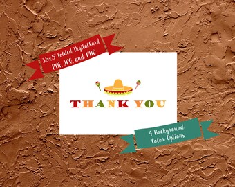 May include: A white folded digital card with the words "THANK YOU" in red, orange, and green. The card features a sombrero and maracas. Text on the card reads "3.5x5 folded Digital Card PDF, JPG, and PNG" and "4 Background Color Options."