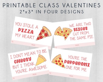 Pizza Kids Class Valentine's Day Cards | Set of 4 DIGITAL 2x3" Cards | PRINTABLE PDF