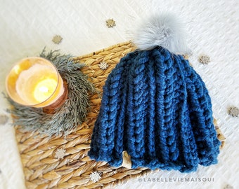 Pathways to Hope Beanie - Navy Blue with Gray Faux Fur Pompom | Women's Adult Size | Cozy Winter Accessories