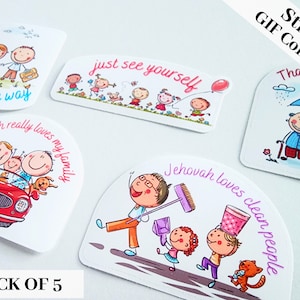 Könnte beinhalten: Ein Pack mit fünf Aufklebern mit bunten Comic-Illustrationen und positiven Botschaften. Die Aufkleber enthalten Sätze wie "this is the way", "just see yourself", "Jehovah really loves my family", "Jehovah loves clean people" und "Thank you".