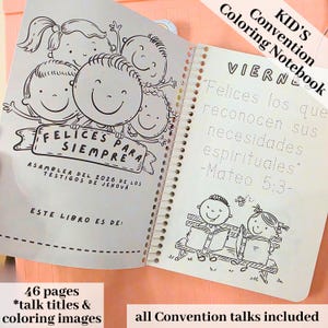 Puede incluir: Un cuaderno de colorear de espiral titulado KID'S COLORING NOTEBOOK con dibujos de líneas en blanco y negro de niños. Las páginas incluyen el texto FELICES PARA SIEMPRE, ASAMBLEA DEL 2026 DE LOS TESTIGOS DE JEHOVÁ y VIERNES con letras punteadas.