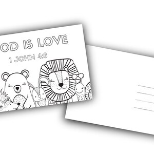 May include: Black and white coloring page featuring a lion, bear, hedgehog, snail, and rabbit with the text "God is Love 1 John 4:8".