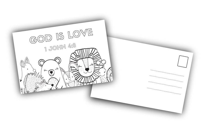 May include: Black and white coloring page featuring a lion, bear, hedgehog, snail, and rabbit with the text "God is Love 1 John 4:8".