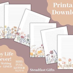 Pode incluir: Papel de carta com linhas imprimível com uma borda floral. O papel mede 8,5 x 11 polegadas e apresenta o texto "Enjoy Life Forever!" na parte inferior.