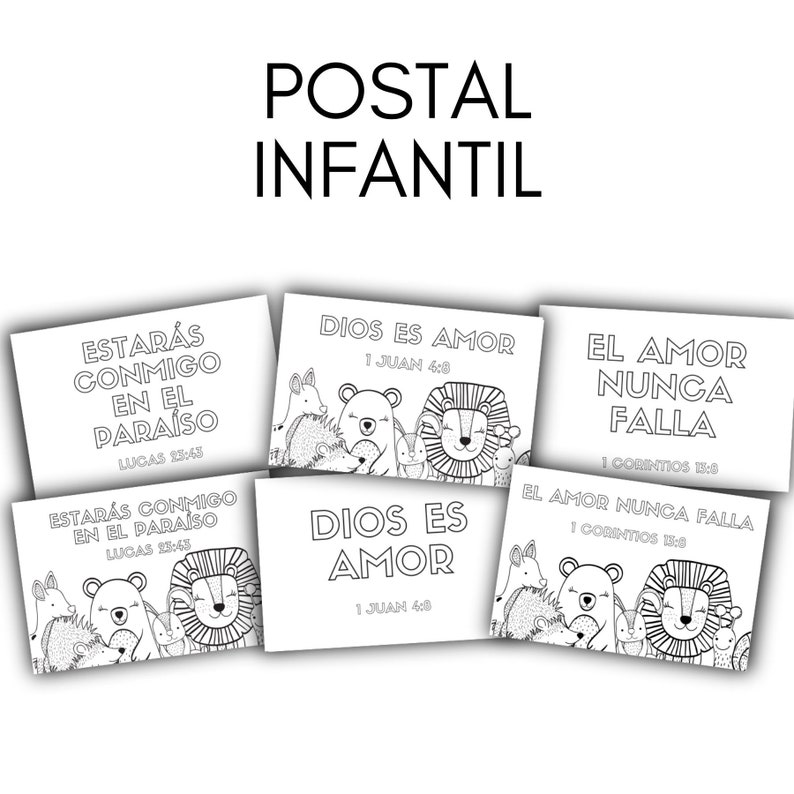 May include: Four black and white printable coloring pages with Christian messages and illustrations of animals. The messages include "Estar&aacute;s conmigo en el para&iacute;so" (You will be with me in paradise), "Dios es amor" (God is love), and "El amor nunca falla" (Love never fails).