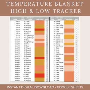 Op de afbeelding: Een digitale temperatuurdekentracker voor juni, met hoge en lage temperatuurgegevens. De tabel bevat kolommen voor dag, hoge temp, garenkleur en lage temp. De kleurgecodeerde grafiek is een Google Sheets direct download.