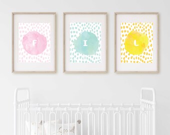 Cute Pastel Bedroom Dorm Art Watercolor Monogram wall art for Nursery Custom Personalized Name Wall Art Polkadots Brush Stroke