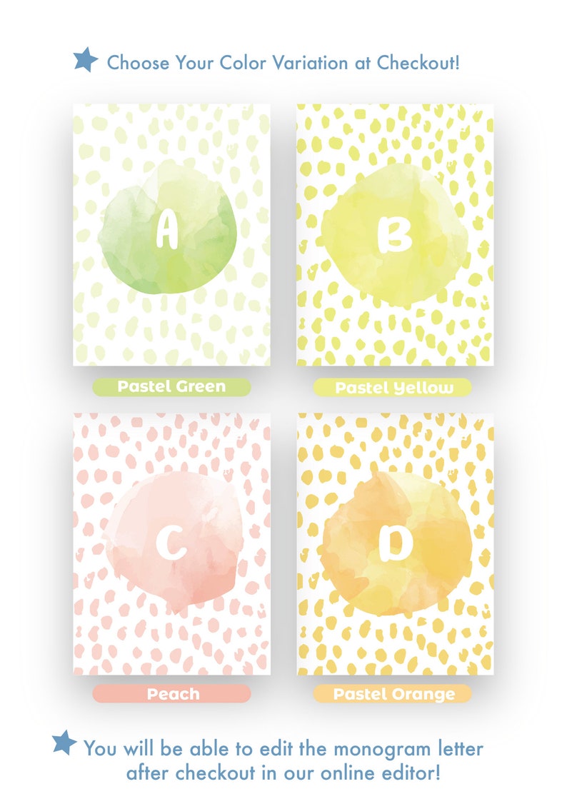 Cute Pastel Bedroom Dorm Art Watercolor Monogram wall art for Nursery Custom Personalized Name Wall Art Polkadots Brush Stroke