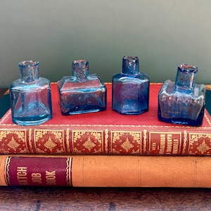 Victorian Blue Glass Ink Bottle, Antique Glass Inkwell, 1800's Inkwell