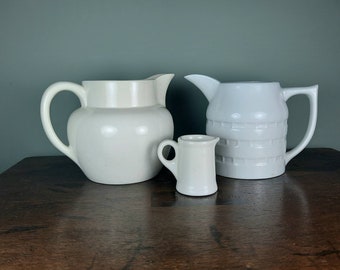 Vintage Ironstone Dairy Jugs, Antique White Banded Pitcher