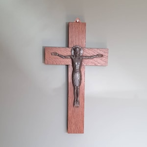 Crucifijo cristiano de madera, Jesús en la cruz, decoración vintage para altar de iglesia francesa.