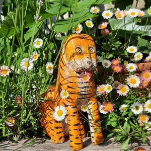 Vintage Tiger, Hand Carved Wooden Indian Tiger, Orange and Black Rustic Boho Home Decor