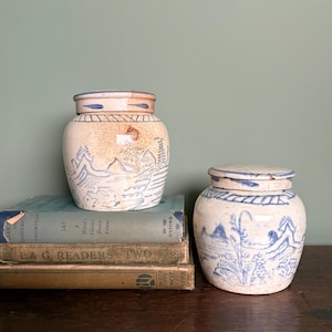 Antique Ginger Jar, Blue and White China, Vintage Kitchen Decor, Small Chinese Jar