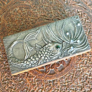 Arts and Crafts Box with Hammered Pewter Lid of Mythical Sea Creature and Semi Precious Stones