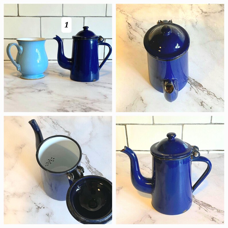 Vintage French Enamel Coffee Pot, Blue French Metal Teapot Etsy UK