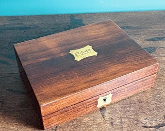 Victorian Wooden Jewellery Box, Small Keepsake Box with Initials CAB, 1800s English French Polished Antique