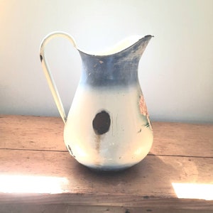 Vintage French Water Jug, Farmhouse Decor, Large Rustic Pitcher, Enamel ...