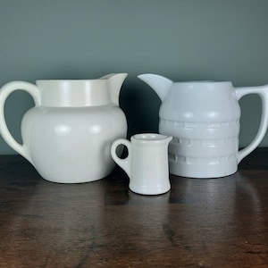 English Vintsge Ironstone Dairy Jugs, Antique White Banded Milk Pitcher, Farmhouse Kitchen