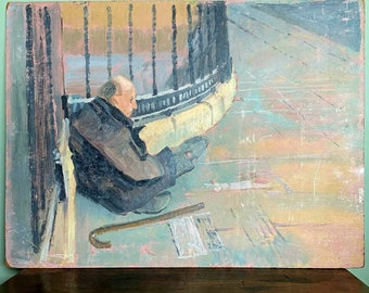 French Mid-century Oil Painting, Modern Art Oil on Board, 1950's Social History, Down and Out in Paris