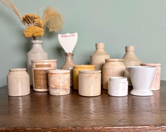 Cream Glazed Stoneware Bottle, Old Victorian Rustic Bottle, Small 1800s White Glaze Pharmacy Crock Pot