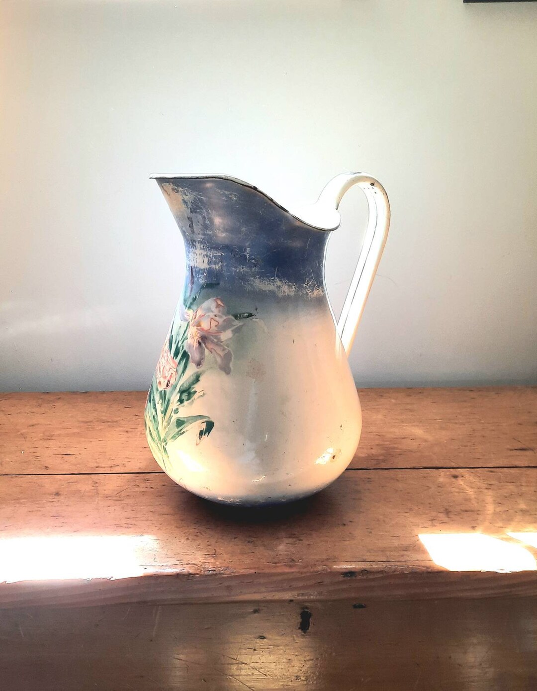 Vintage French Water Jug, Farmhouse Decor, Large Rustic Pitcher, Enamel