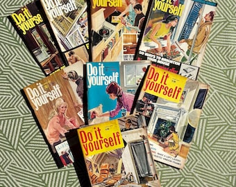 May include: A collection of vintage "Do It Yourself" magazines. The covers feature colorful illustrations of home improvement projects and interior decorating. The magazines are arranged on a green and white patterned surface.