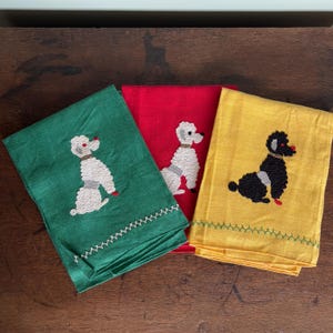 1950’s Vintage Embroidered Poodle Cloth, Black Poodle Table Runner, Gift for Poodle Lover