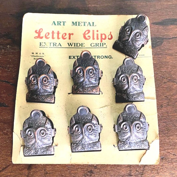 Vintage Office Desk Decor, 1950's Paper Clasp, Metal Owl Face Clip