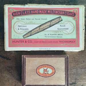 Vintage Wooden Cigar Box, Hunter and Co Indian Cigars, Old Wooden Trinket Keepsake Box, Vintage Graphics