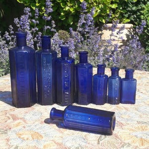 Antique Blue Chemist Poison Bottles, Bristol Blue Glass, 1800's Apothecary Bottle, Blue Bottle