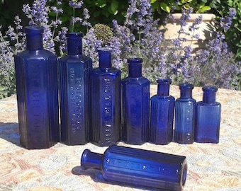 Antique Blue Chemist Poison Bottles, Bristol Blue Glass, 1800's Apothecary Bottle, Blue Bottle