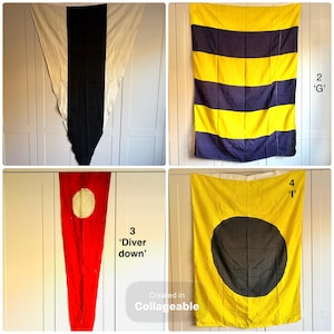 Peut inclure: Quatre pavillons de signalisation nautique sont présentés. L'un est blanc avec une bande verticale noire, un autre est jaune avec des rayures bleues horizontales, un drapeau rouge avec un cercle blanc et un drapeau jaune avec un cercle noir.