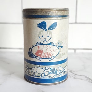 Vintage French Chocolate Tin, Blue and White Design Storage Canister