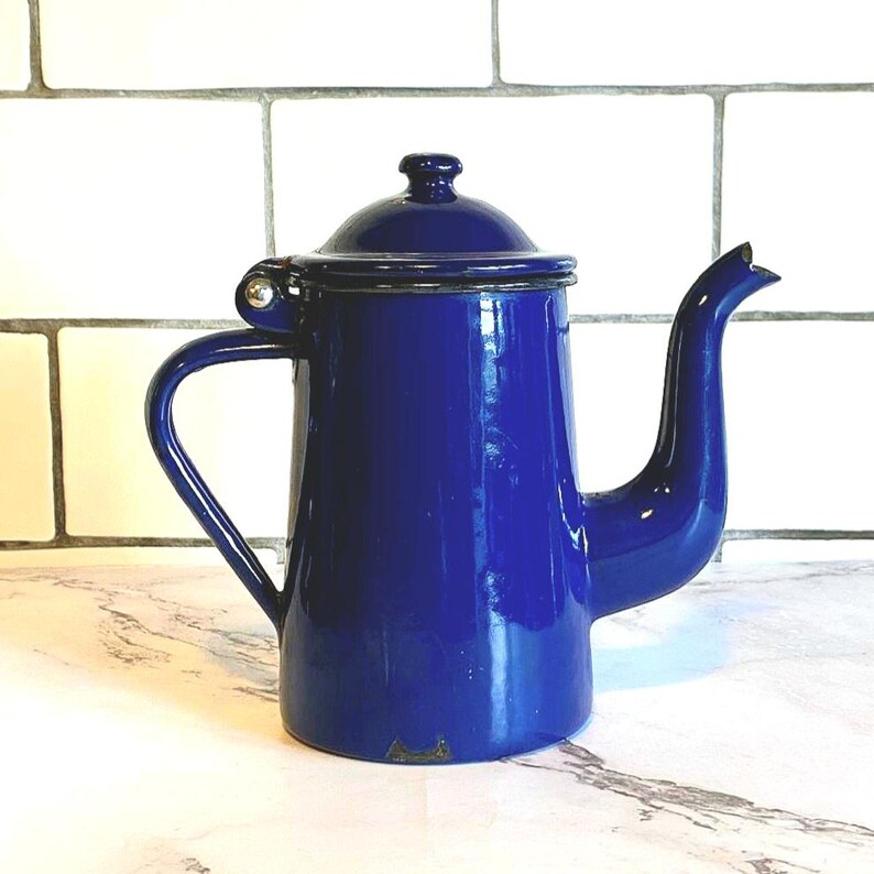 Vintage French Enamel Coffee Pot, Blue French Metal Teapot Etsy UK