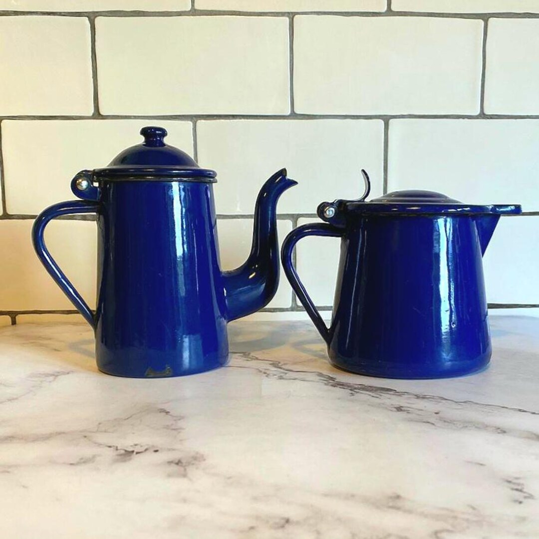 Vintage French Enamel Coffee Pot, Blue French Metal Teapot Etsy UK