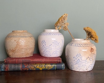 Antique Stoneware Ginger Jar, Rustic Blue and White Ceramic Ginger Jar, Vintage Kitchen Decor