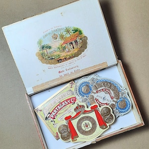 Étiquettes originales de boîtes à cigares vintage, ressources de conception graphique, coloris or, bleu, rouge, éphémères de papier de scrapbooking
