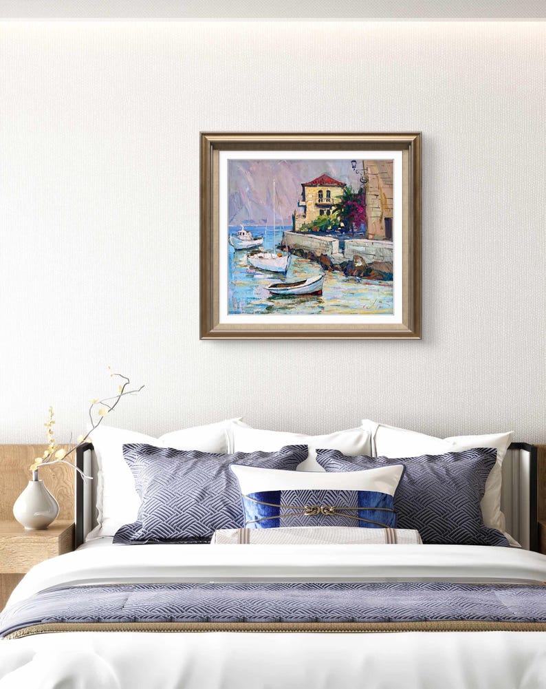 Pintura original, pintura costera, arte impresionista, pintura oceánica, óleo sobre lienzo, barcos, yate, decoración de pared para el hogar, regalo imagen 15