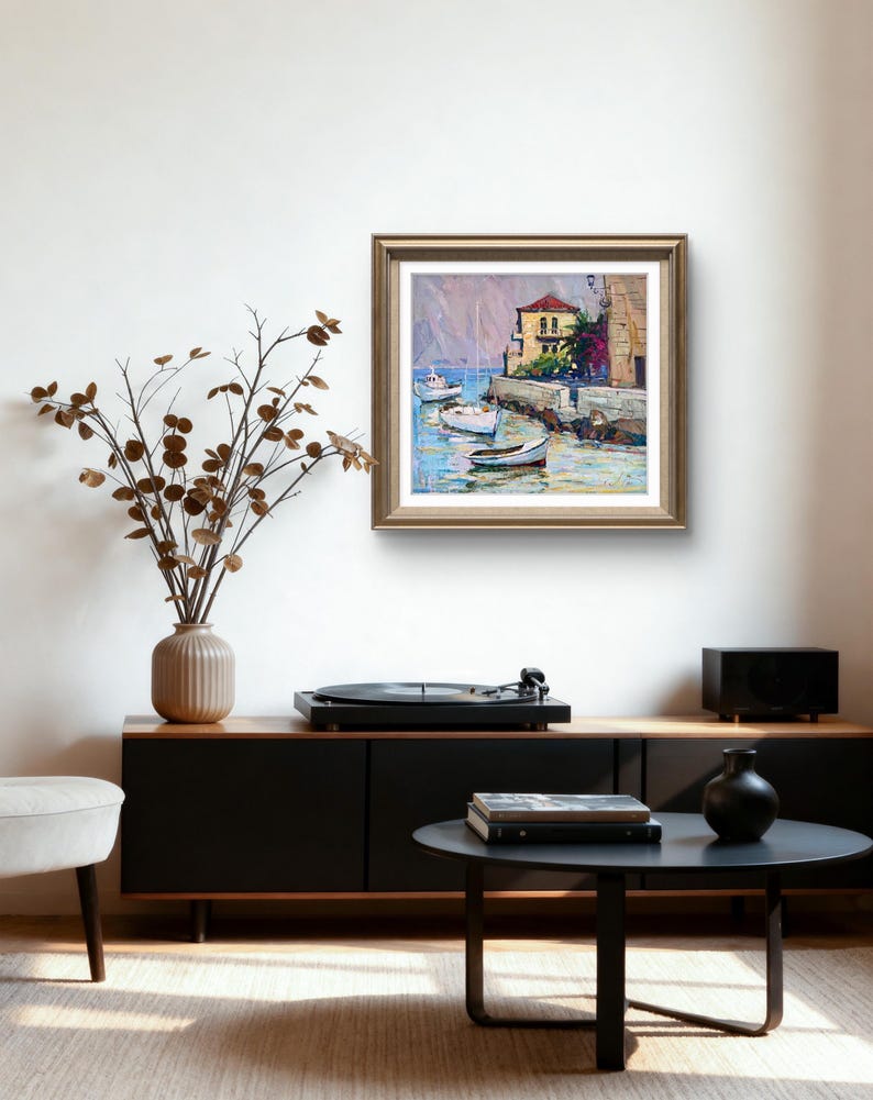 Pintura original, pintura costera, arte impresionista, pintura oceánica, óleo sobre lienzo, barcos, yate, decoración de pared para el hogar, regalo imagen 11