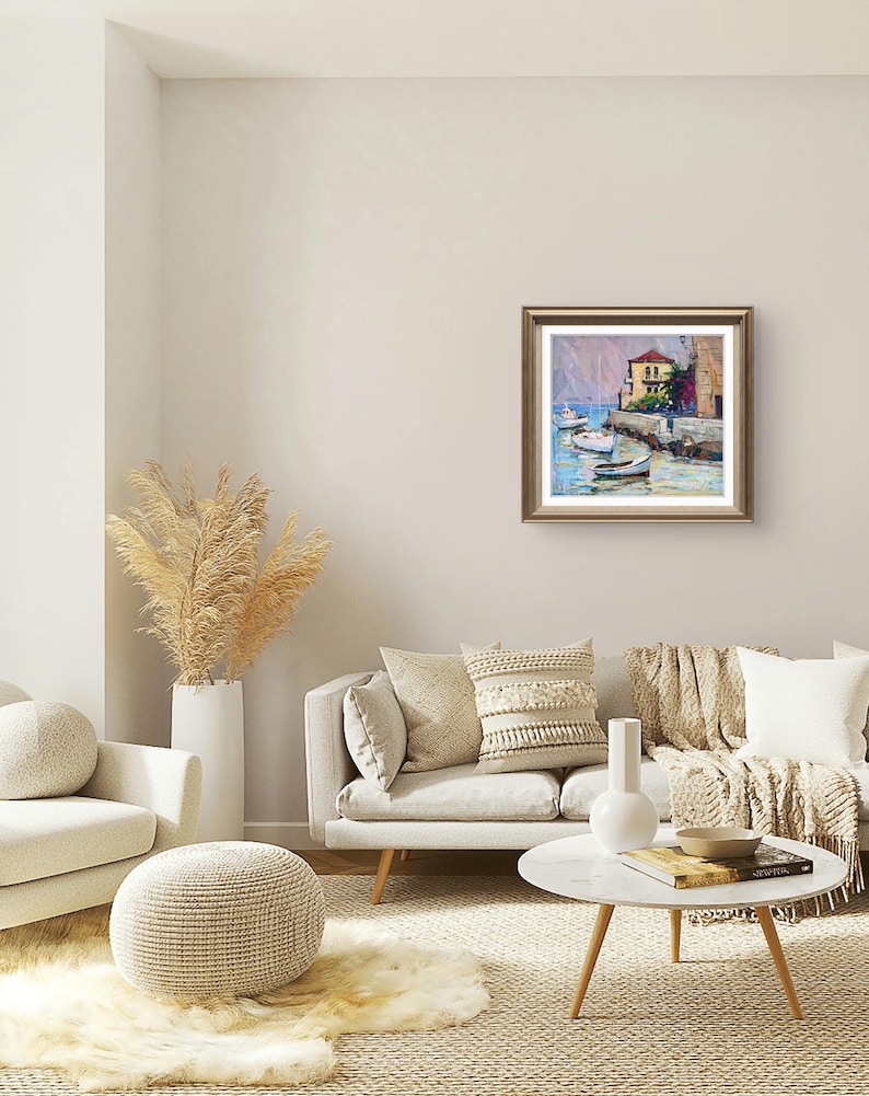 Pintura original, pintura costera, arte impresionista, pintura oceánica, óleo sobre lienzo, barcos, yate, decoración de pared para el hogar, regalo imagen 12