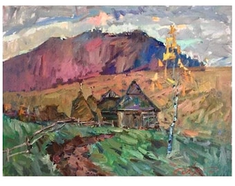 Original Painting, Ukrainian art, Impressionist Art, Rural Landscape, Mountains, Ukrainian Painting, Wall home decor, gift, farmhouse decor