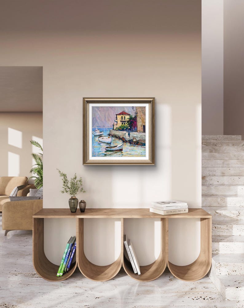 Pintura original, pintura costera, arte impresionista, pintura oceánica, óleo sobre lienzo, barcos, yate, decoración de pared para el hogar, regalo imagen 8
