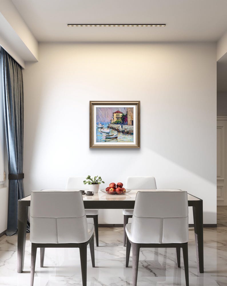 Pintura original, pintura costera, arte impresionista, pintura oceánica, óleo sobre lienzo, barcos, yate, decoración de pared para el hogar, regalo imagen 17