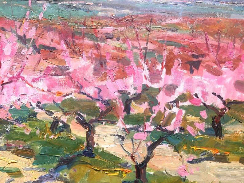 Spring Original oil painting Impressionist art piece Rural Landscape Ukrainian Pink Trees blooming painting Wall kitchen Art Wall oil Art