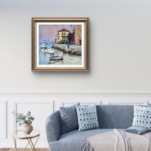 Pintura original, pintura costera, arte impresionista, pintura oceánica, óleo sobre lienzo, barcos, yate, decoración de pared para el hogar, regalo imagen 9