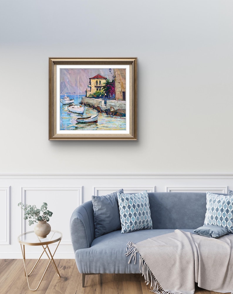 Pintura original, pintura costera, arte impresionista, pintura oceánica, óleo sobre lienzo, barcos, yate, decoración de pared para el hogar, regalo imagen 9