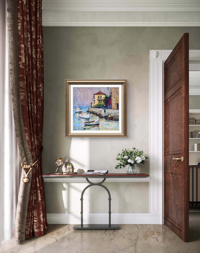 Pintura original, pintura costera, arte impresionista, pintura oceánica, óleo sobre lienzo, barcos, yate, decoración de pared para el hogar, regalo imagen 5