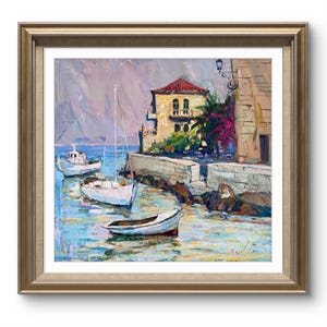 Pintura original, pintura costera, arte impresionista, pintura oceánica, óleo sobre lienzo, barcos, yate, decoración de pared para el hogar, regalo imagen 2